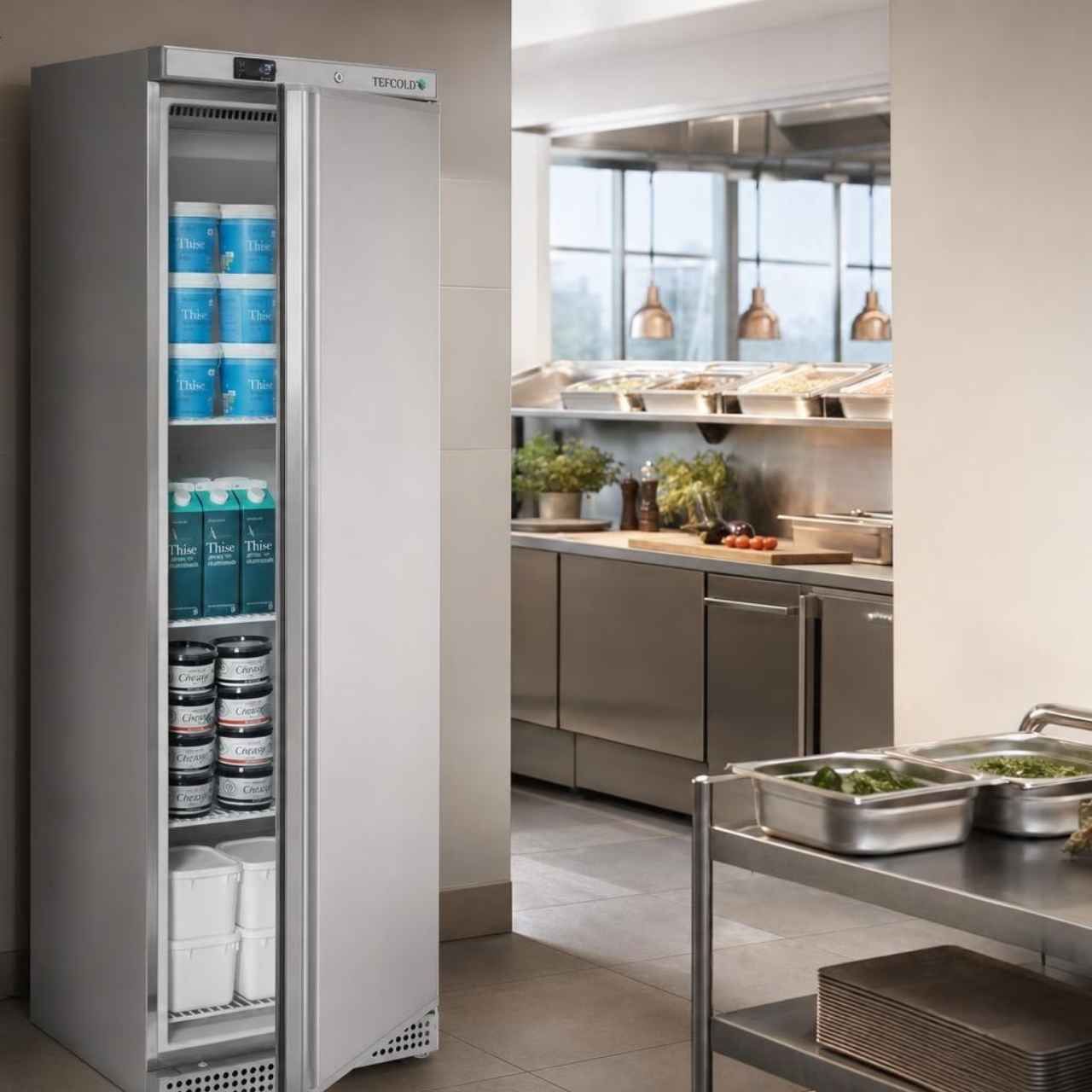 Storage freezer with solid door in commercial kitchen