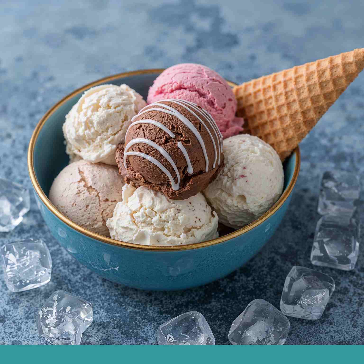 Bowl of scoop ice cream surrounded by ice cubes