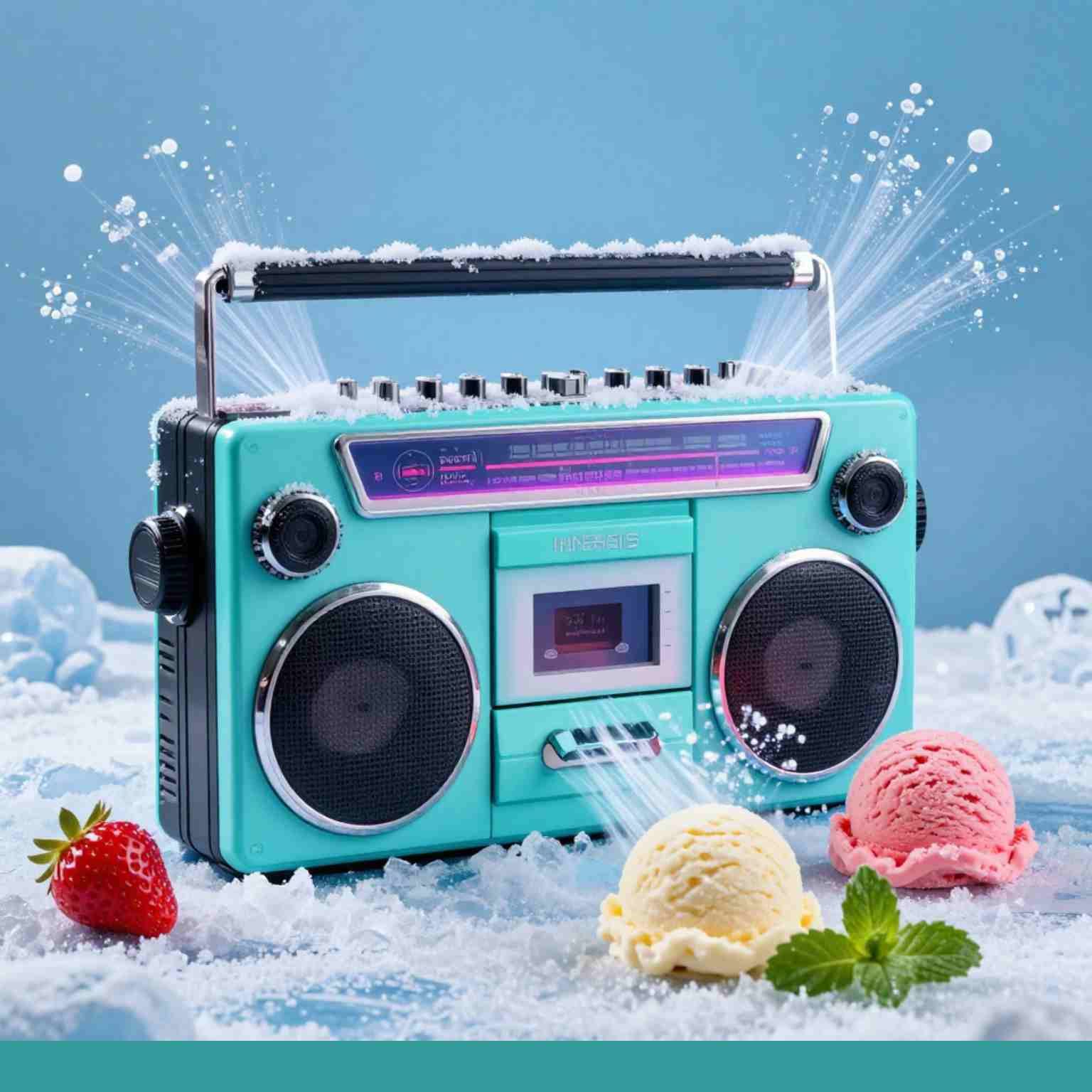 Loud speaker by ice cream to demonstrate noisy ice cream freezer