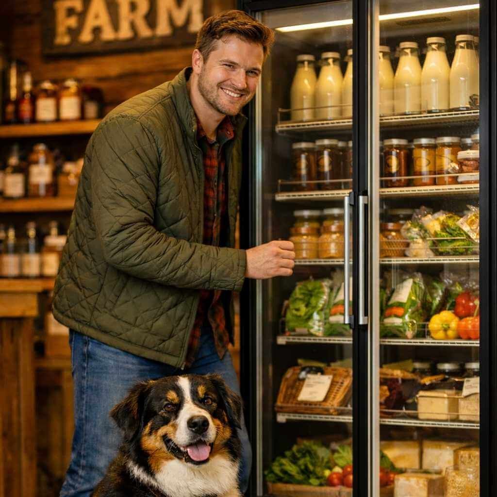 Medium-sized retailers  - man with dog at a farm shop