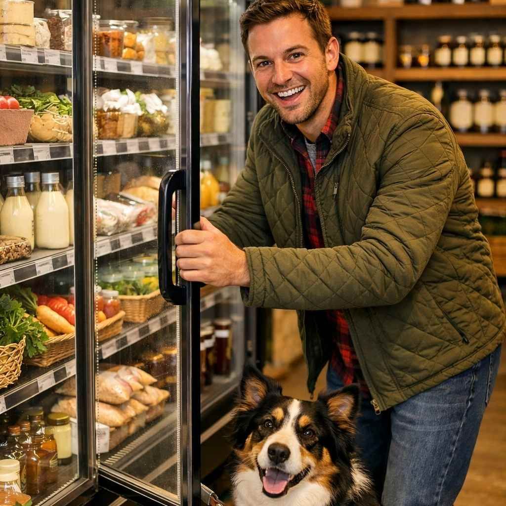 Man and dog in supermarket