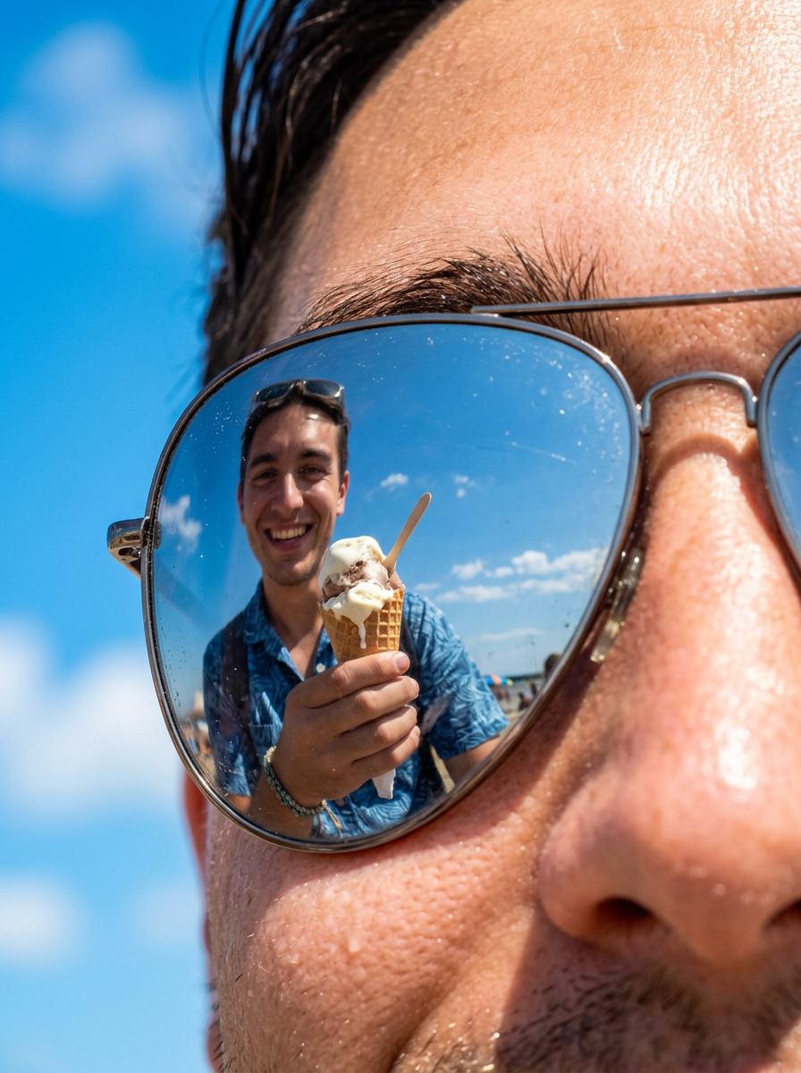 Man with ice cream reflected in sunglasses